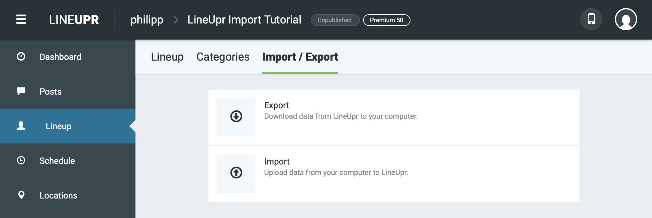 Button for the export function